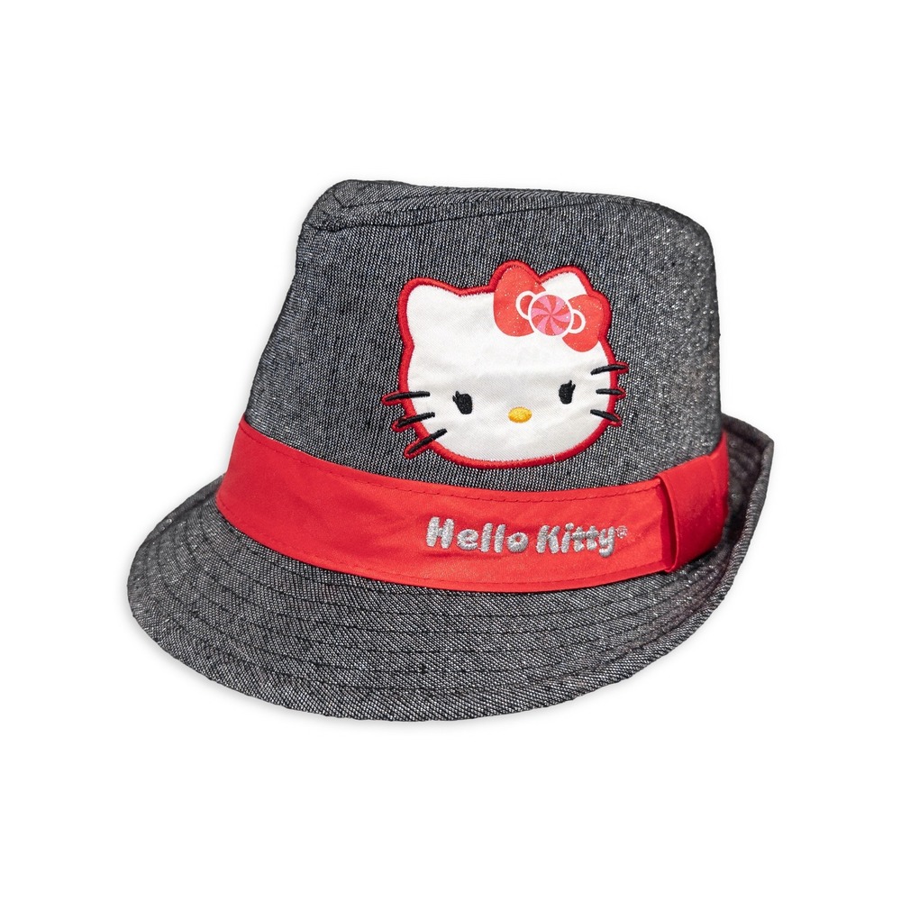 Hello Kitty Fedora Hat Girl OS Gray Red Glitter Sparkle Sanrio Kawaii Kidcore